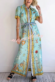 Deep Sea Dreaming Linen Blend Unique Print Short Sleeve Tie-up Shirt Maxi Dress