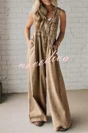 Fashionable and Casual Sleeveless V-neck Lace-up Loose Pocket Jumpsuit