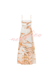 Daje Linen Blend Unique Print Round Hollow Trim Tie-up Bust Slip Maxi Dress
