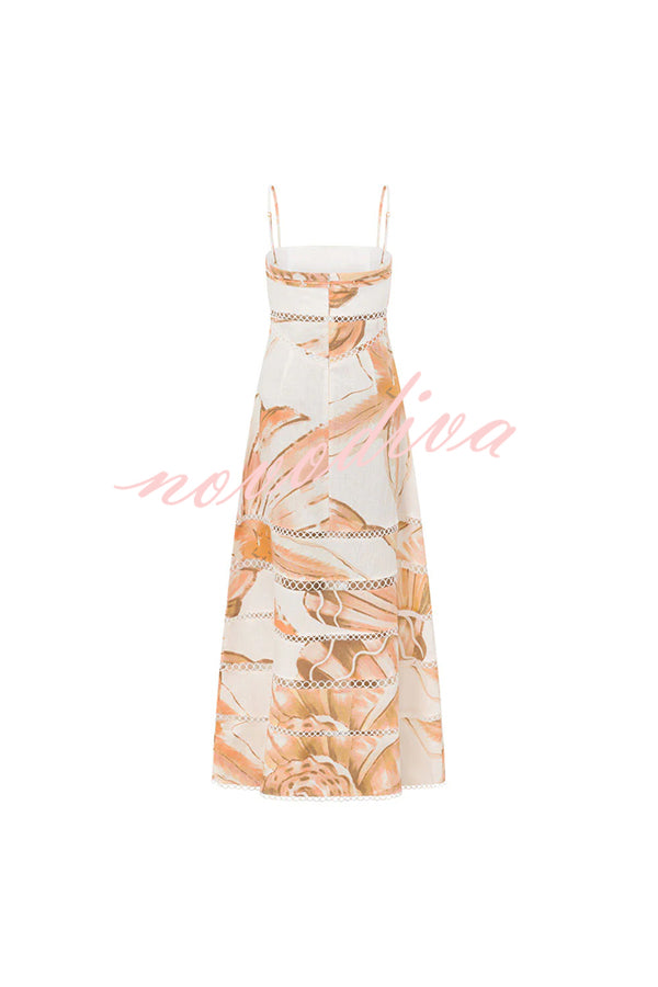 Daje Linen Blend Unique Print Round Hollow Trim Tie-up Bust Slip Maxi Dress