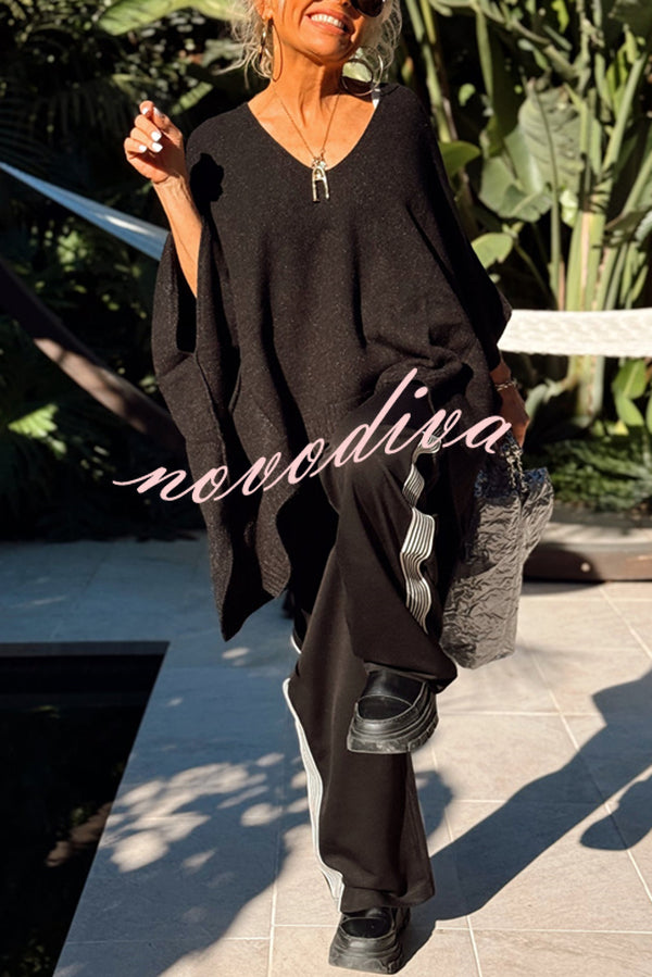Fashion V-neck Loose Pocket Mid-length Knitted Sweater