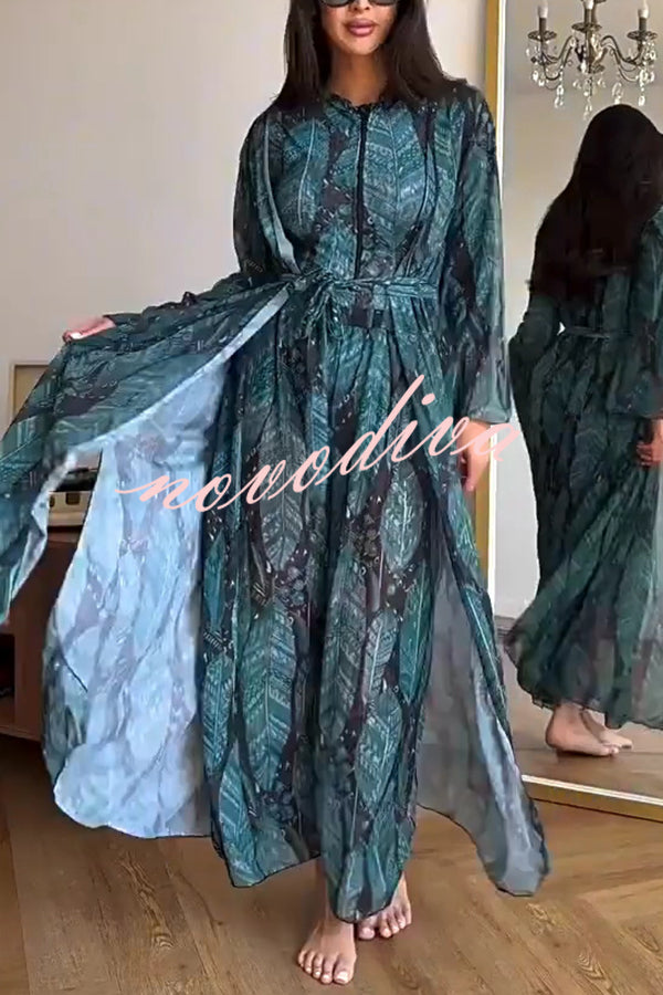 Unique Print One-piece Swimsuit and Cardigan and High Rise Pants Three-piece Set