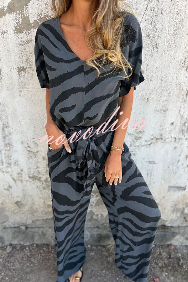 Zebra Print V-neck Short-sleeved Lace-up Top and Elastic Waist Pocket Straight-leg Pants Set