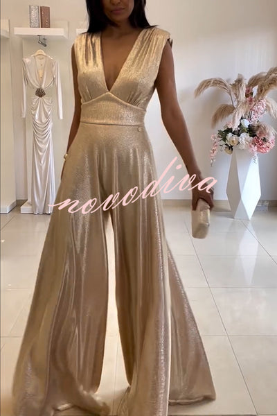 Roisin Metallic Fabric Ruched Shoulder V-neck Wide Leg Drape Jumpsuit
