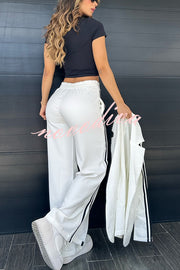 Sporty Mixed Formal Striped Trim Lapel Blazer and Elastic Waist Pocket Loose Pants Set