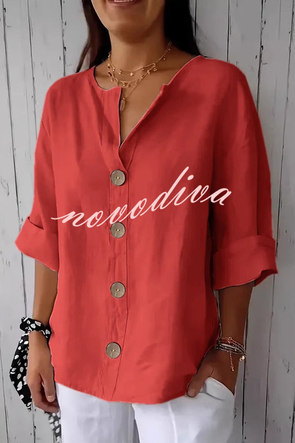 Solid Color V-neck Loose Button Top