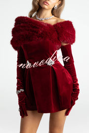 Luxury Chic Velvet Removable Faux Fur Collar Shiny Buckles Mini Dress