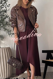 Fashion Lapel Long Sleeve Casual Zipper Pocket Leather Jacket