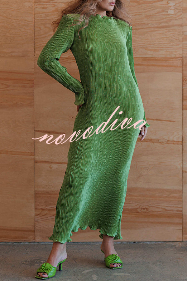 Hansin Satin Pleated Fabric Long Sleeve Wavy Trim H-line Slit Midi Dress