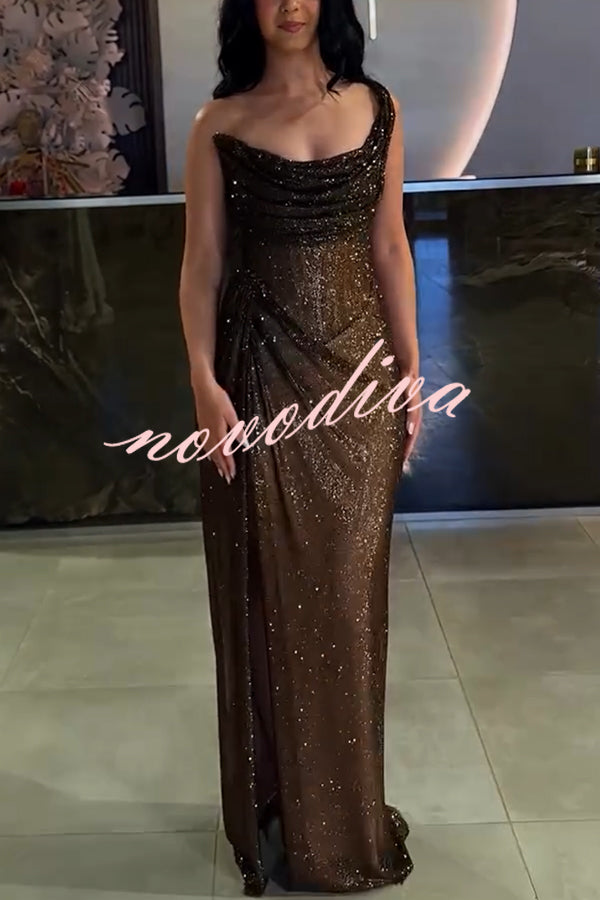 Glitzy Gala Sequin One Shoulder Ruched Slit Maxi Dress