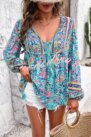 Intricate Floral Print V Neck Lace Up Paneled Long Sleeve Shirt