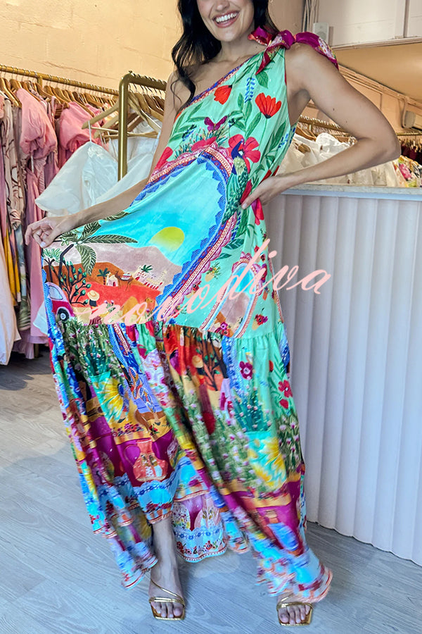 Queens of Creation Unique Print One Shoulder Tie-up Pocketed Loose Maxi Dress