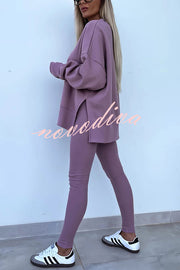 Solid Color Loose Long Sleeve SlitSweatshirt and Elastic Waist Tight Pants Set