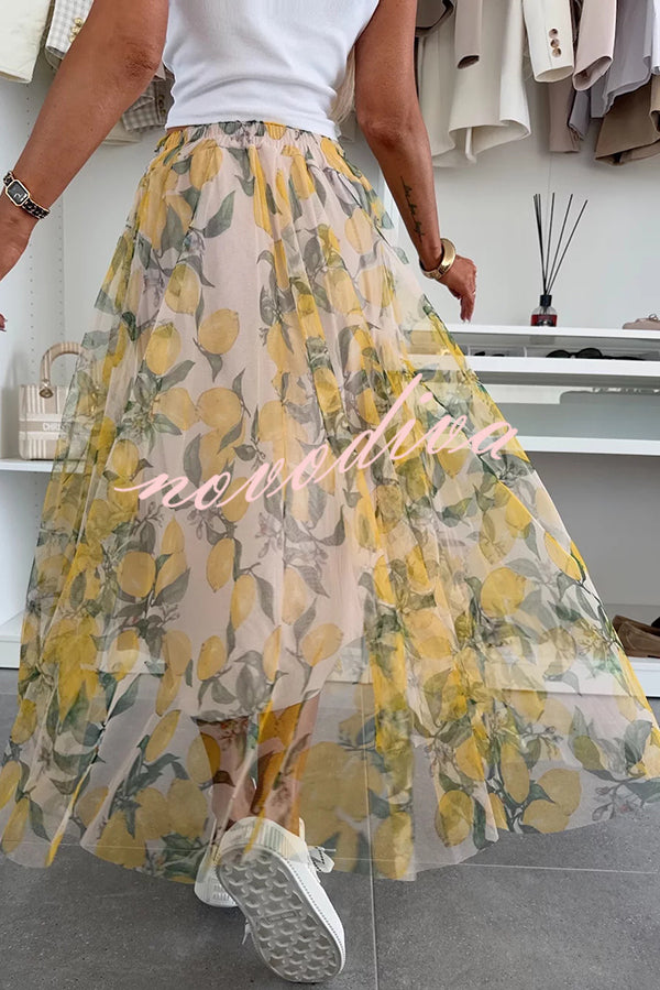 Summer Lemon Print Elastic Waist Tulle Holiday Midi Skirt