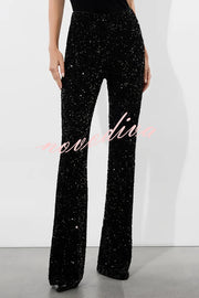 Sparkle Season Sequin High Rise Elastic Waist Stretch Flare Party Pants