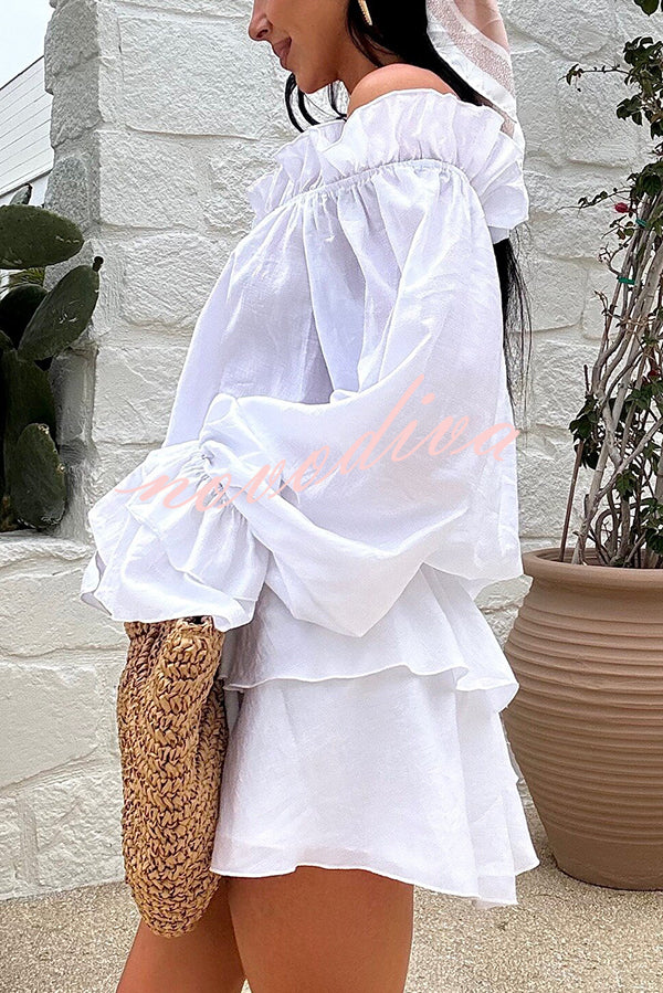 Arnell Linen Blend Off Shoulder Balloon Sleeve Shirt and Elastic Waist Layered Shorts Set
