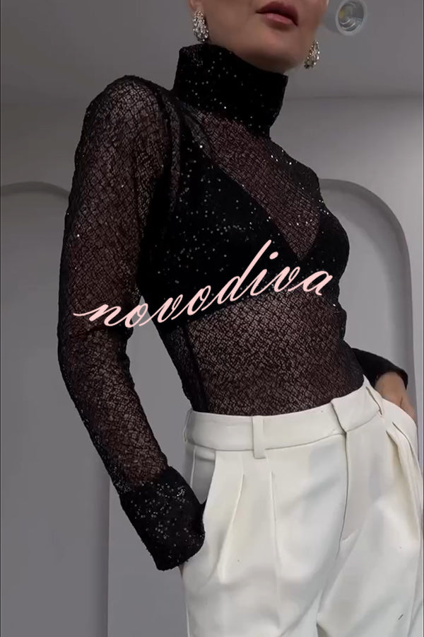 Shimmering Twilight Sequin Turtleneck Long Slit Sleeve H-line Blouse