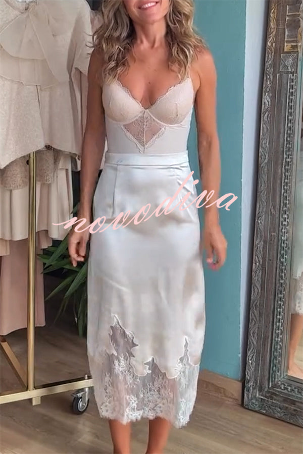 Lola Satin Lace Trim High Rise Side Zipper Loose Midi Skirt