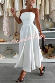 Sweet Cascade Solid Color Off Shoulder Pocket Full Hem Midi Dress