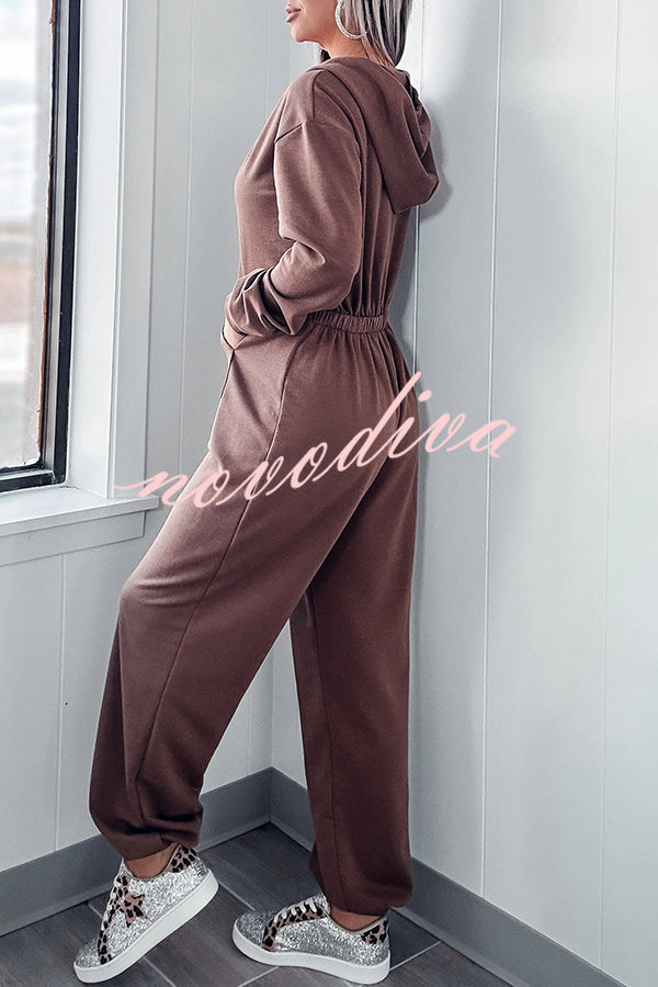 Cozy Days Long Sleeve Pocket Hooded Drawstring Jumpsuit