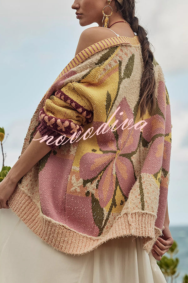 Floral Pattern Loose Long-sleeved Knitted Cardigan