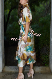 Cityscape Moment Satin Tie Dye Print Half Sleeve Wrap Midi Dress