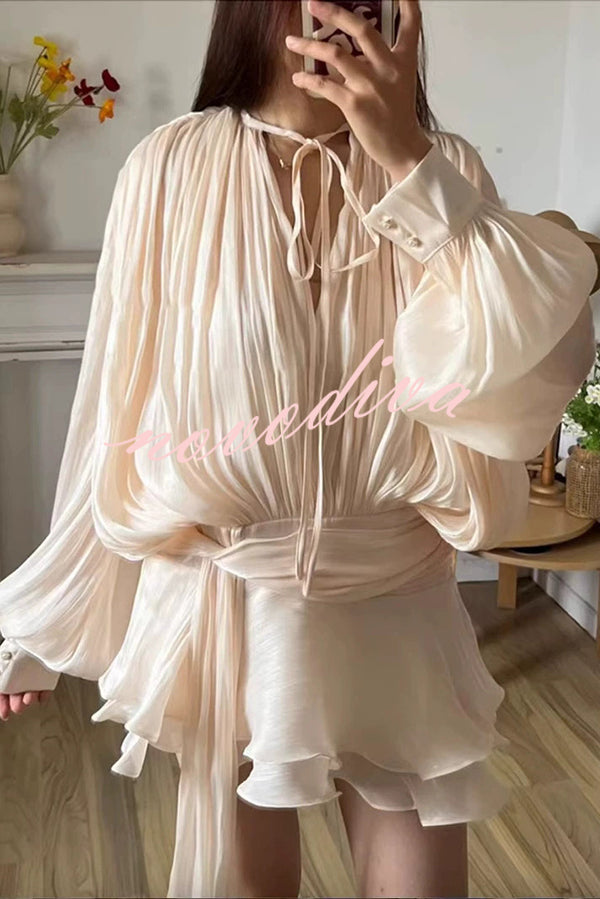 Solid Color Long Sleeve Tie Waist Irregular Mini Dress