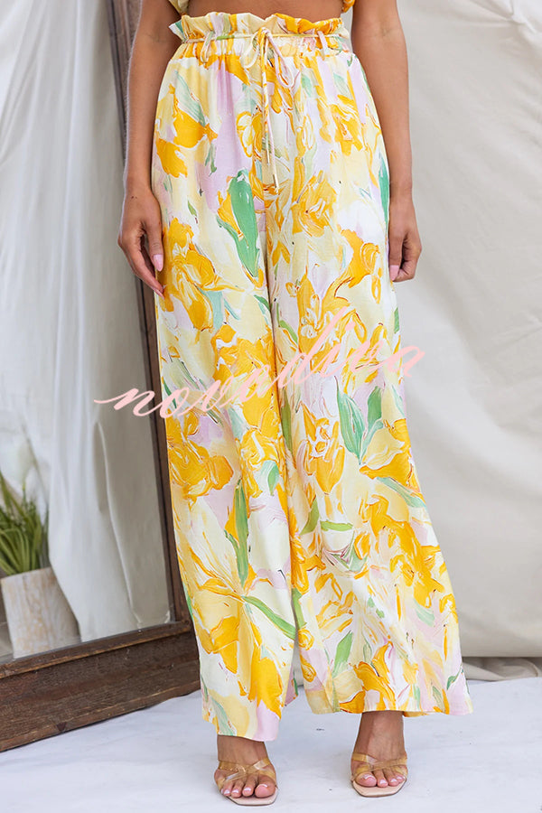 Soleila Floral Print One Shoulder Tie-up Crop Top and Elastic Waist Pocket Loose Pants Set