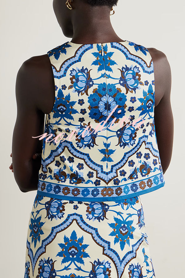 Unique Printed Round Neck Sleeveless Top and Casual Mini Skirt Set