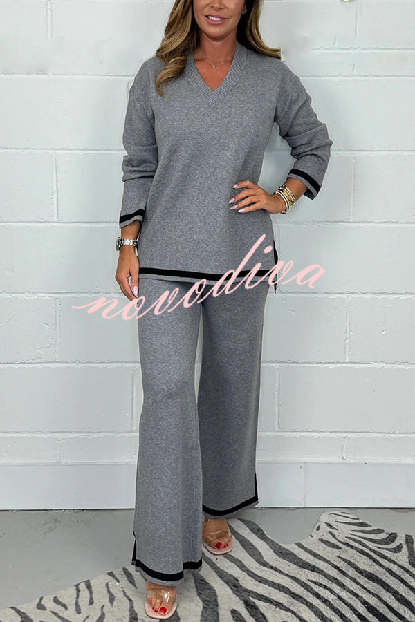 Solid Color V-neck Long-sleeved Loose Top and Elastic Waist Wide-leg Pants Set