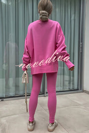 Solid Color Loose Long Sleeve SlitSweatshirt and Elastic Waist Tight Pants Set