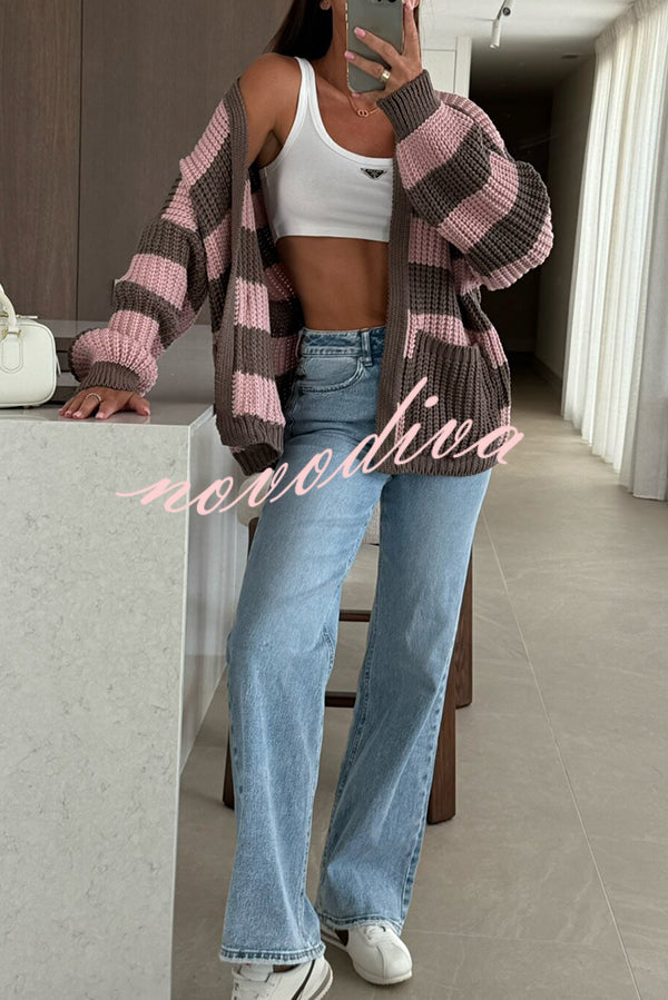 Fashionable Patchwork Striped Casual Pocket Knitted Sweater