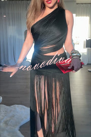 Dancing Miracle One Shoulder High Waist Hollow Design Tassel Hem Drape Mini Dress