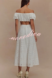 Arla Embroidered Lace Hollow Off Shoulder Bubble Crop Top