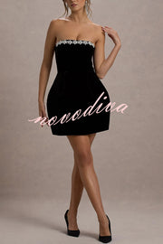 Effortlessly Elegant Velvet Jewel Embellished Trim Bandeau Mini Dress