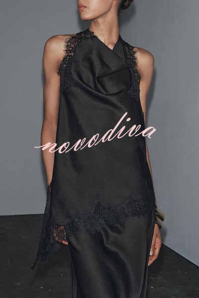 Dolly Satin Lace Trim Halter Cowl Neck Asymmetric Hem Tank
