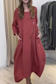 Linen Blend Solid Color Casual Round Neck Long Sleeve Button Midi Dress