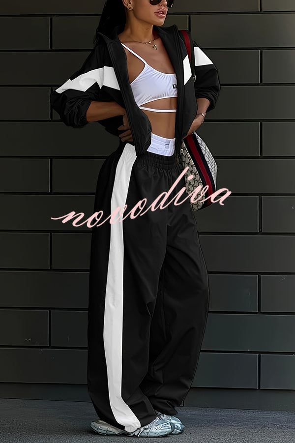 Fashionable Contrasting Long-sleeved Loose Coat and Elastic Waist Wide-leg Pants Set