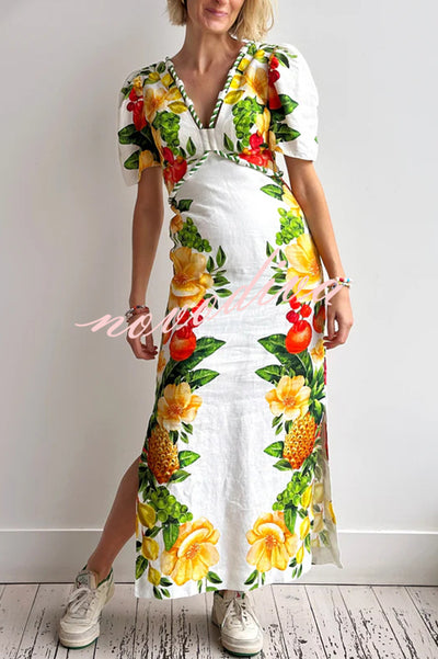 Picnic Flowers Linen Blend Floral Print Puff Sleeve Braided Rope Trim Maxi Dress