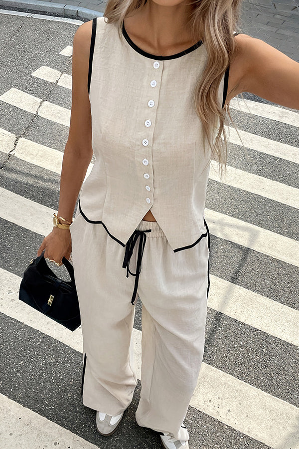 Stylish Color-blocked Trim Sleeveless Button Vest and Elastic Waist Pocket Casual Wide-leg Pants Suit