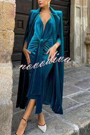 Olivienne Luxurious Velvet Padded Shoulders Slit Sleeve Lapel Midi Cape