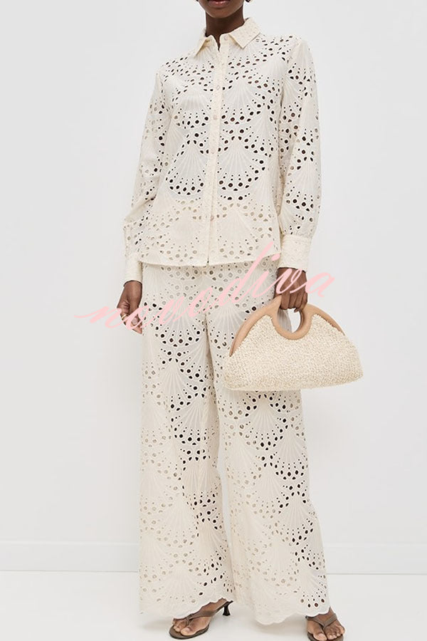 Lillah Embroidered Lace Shell Pattern Elastic Waist Pocket Wide Leg Pants