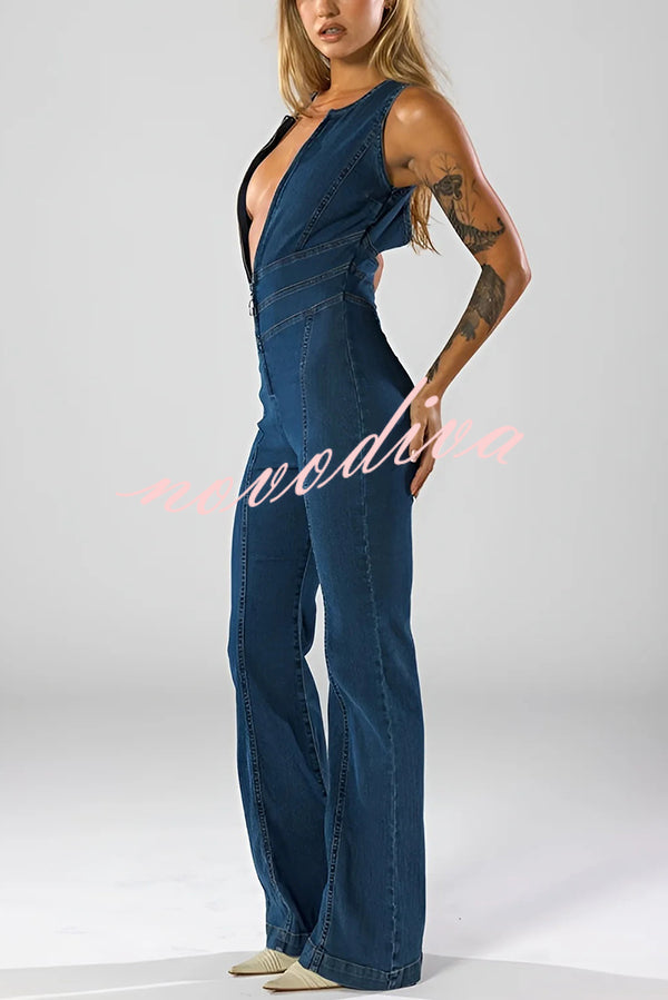 Fashionable Heart Hollow Back Slim High Waist Flared Denim Jumpsuit
