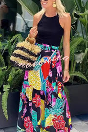 Tropical Flowers and Birds Print Loose Holiday Maxi Skirt