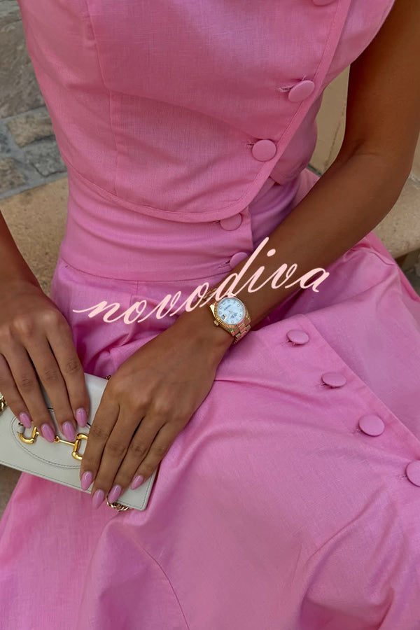 Solid Color Round Neck Button Crop Top and Elegant High Waist Slit Maxi Skirt Set
