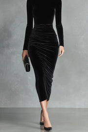 Solid Color Velvet Slim-fit Long-sleeved Elegant Pleated Midi Dress