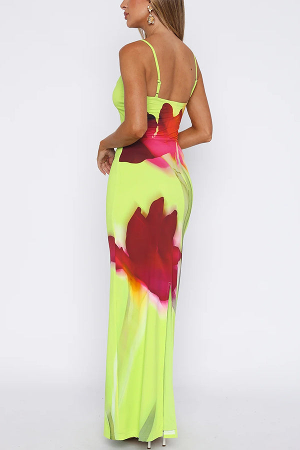 Botanical Floral Print Suspender Backless Slim Fit Slit Holiday Maxi Dress