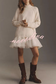 Holiday Cutie Knit Long Sleeve Turtleneck Tulle Twofer Mini Dress