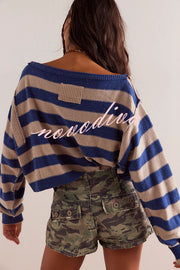 Striped Print Crew Neck Long Sleeve Loose Knitted Sweater