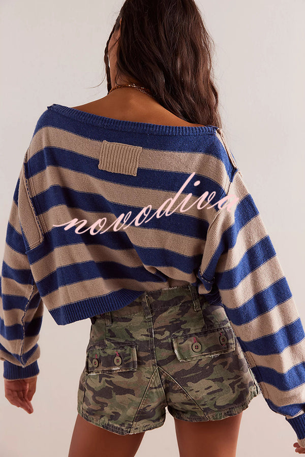 Striped Print Crew Neck Long Sleeve Loose Knitted Sweater